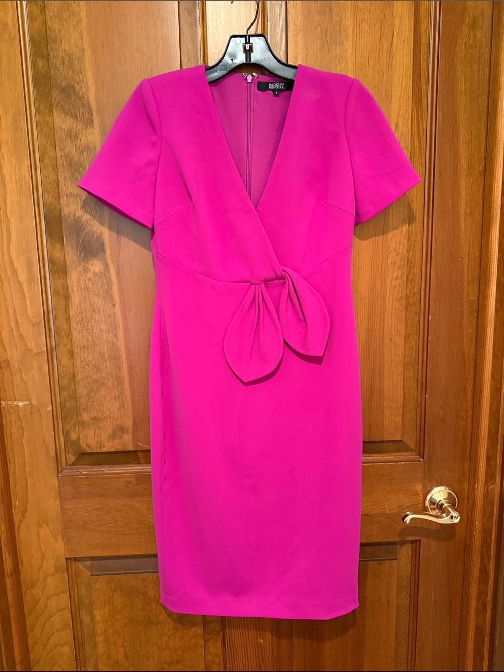 Badgley Mischka Vibrant Hot Pink Wrap-Detail Midi Dress